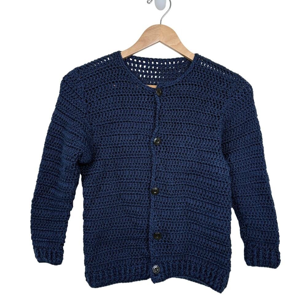 Handmade Crochet Cardigan Sweater Navy Blue Button Front Womens Cottagecore